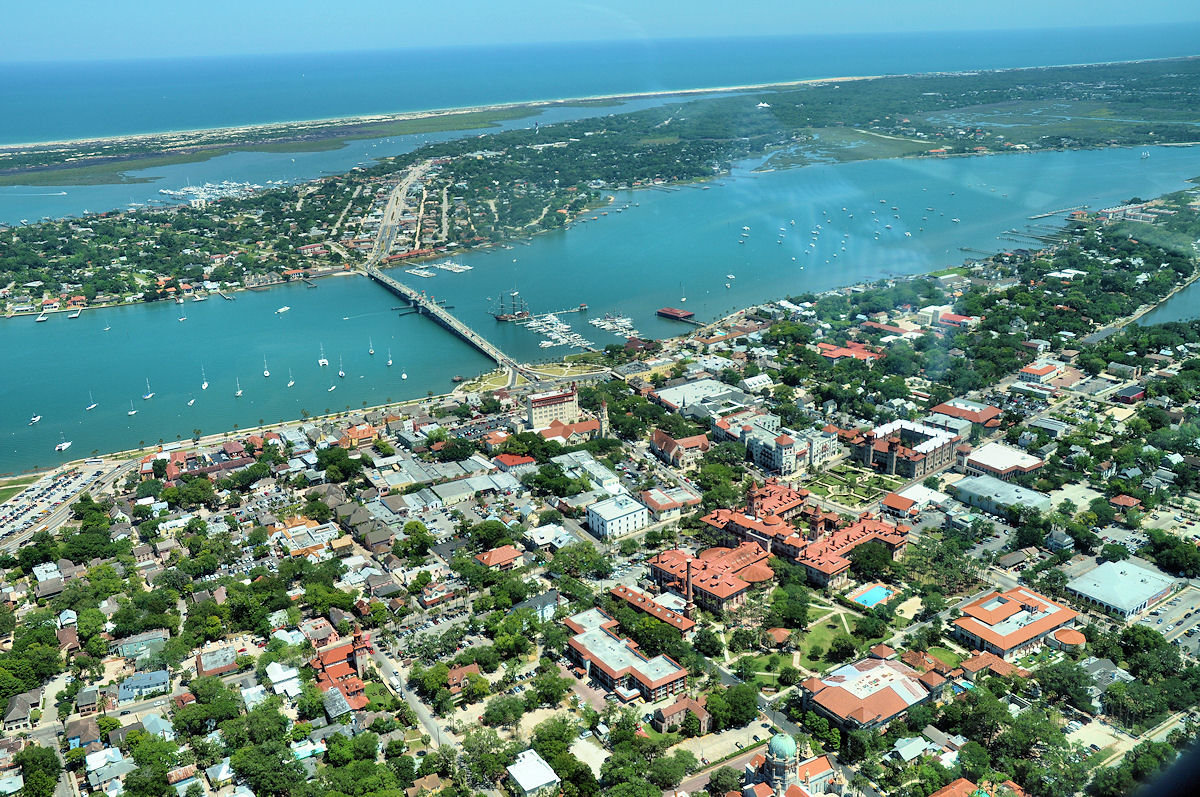 Aerial View from Downtown St Augustine to Anastasia Island